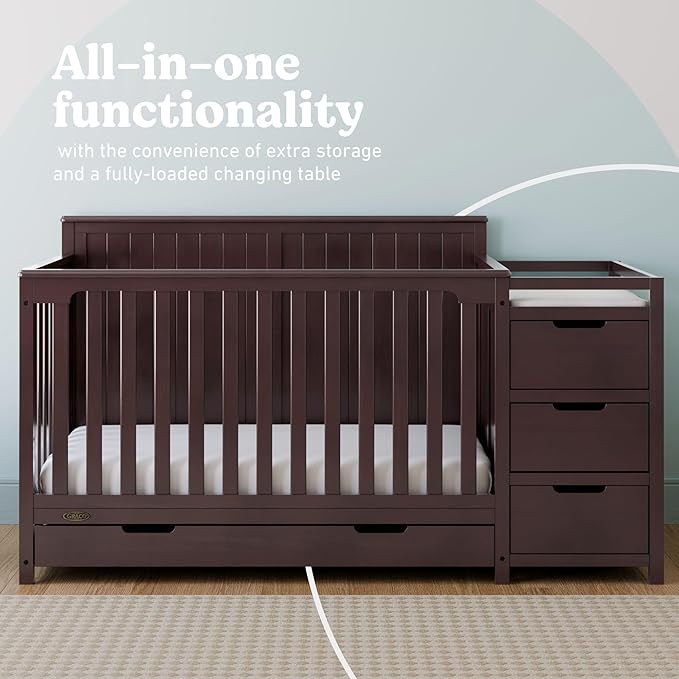 Graco Hadley 5-in-1 Convertible Crib & Changer (Espresso) – GREENGUARD Gold Certified, Fits Standard Crib Mattress, Converts to Toddler Bed and Full Bed, 4 Adjustable Mattress Heights