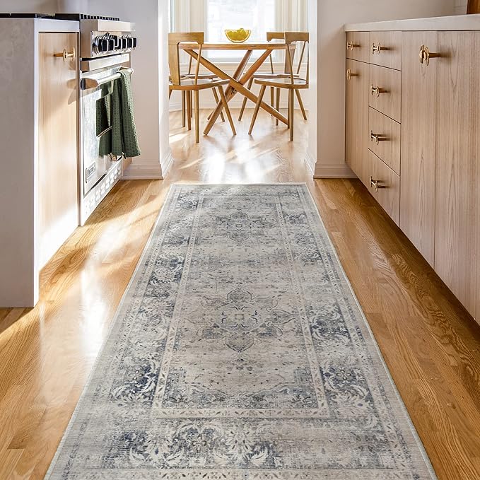 RUGGABLE Washable Vintage Area Rug – Sarrah Blue Quartz 6 ft Round, Stain-Resistant, Non-Slip – Medium Machine Washable Rugs for Living Room, Bedroom, Hallway, Entryway & Office–with Standard Pad