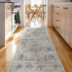 RUGGABLE Washable Vintage Area Rug – Sarrah Blue Quartz 6 ft Round, Stain-Resistant, Non-Slip – Medium Machine Washable Rugs for Living Room, Bedroom, Hallway, Entryway & Office–with Standard Pad