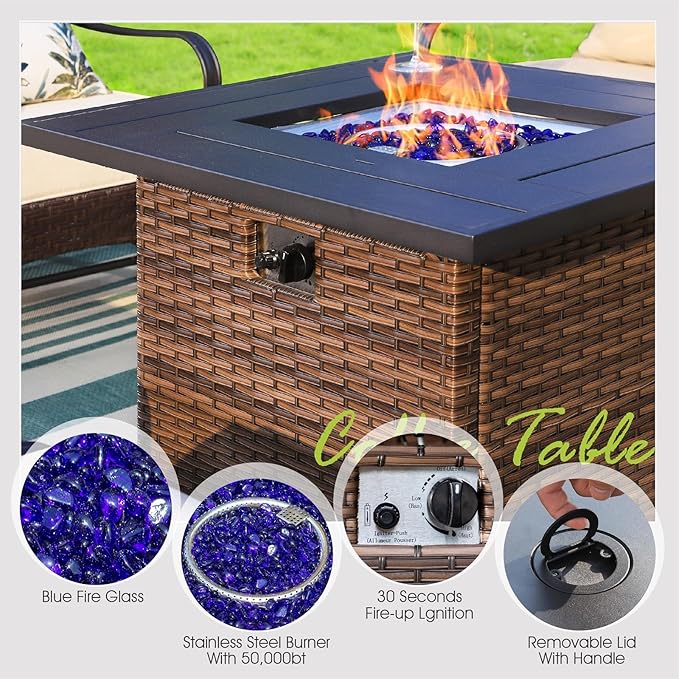 Sophia & William Patio Furniture Set with Fire Pit Table, 5 PCS Metal Outdoor Conversation Set Sofa Couch with Fire Pit Table, 4 Sofa Chairs for Outdoor Seating,Backyard,Porch(Beige)