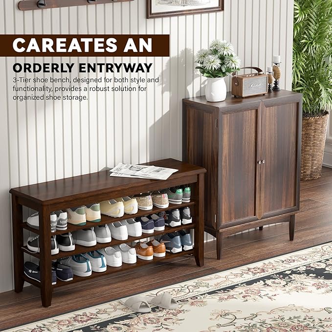 Shoe Bench Storage Rubberwood, Entryway Bench with 3-Tiers Height Adjustable, Shoe Rack Front Door Entrance Organizer for Hallway Living Room, Mudrooms, Walnut,23.6"