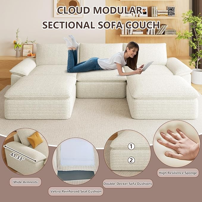 113.03" Sectional Couches for Living Room Modern Modular Sofa with U-Shape Couchs Upholstered Corduroy Boneless Couch Deep Seat Cloud Couch with Ottoman, No Assembly Required, White
