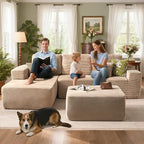 106" Cloud Sectional Couch with L-Shape Chaise & Ottoman, No Assembly Modular Sofa, Deep Seat Corduroy Boneless Couched for Living Room (Camel Stripe Corduroy, Left Facing Chaise with Ottoman)