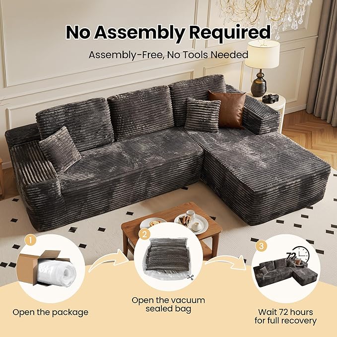 104" Cloud Sectional Couch with Chaise, Boneless L-Shaped Cloud Couch with Deep Seat, Soft Plush Modern Minimalist Sofa, Assembly Free Comfy Sofa for Office Living Room Apartment(Grey, Right Chaise)