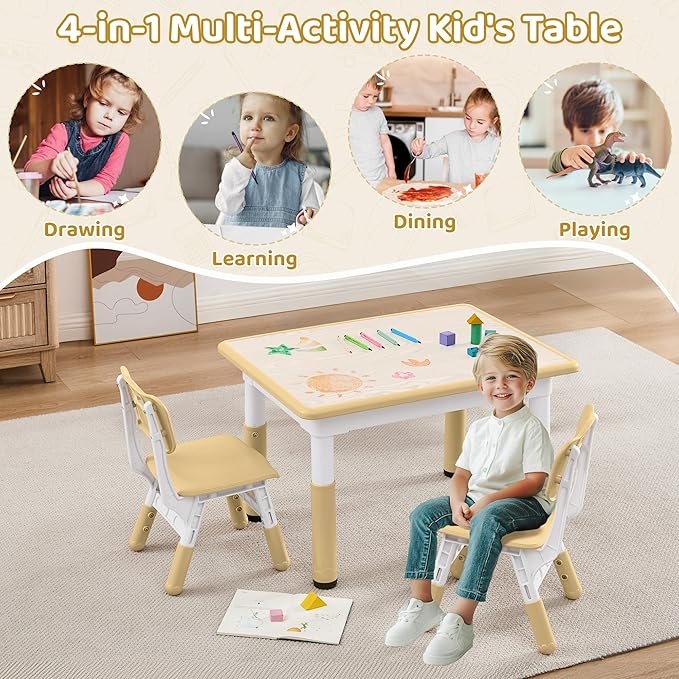 Adjustable Kids Table Chairs Set – Graffiti Desktop, Multi-Activity Height-Adjustable Toddler Study Desk for Ages 3-8 – Ideal for Home, Classroom, Daycare (W-Brown, 2 Chairs-31.5" L x 23.6" W)