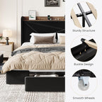 SHA CERLIN King Size Bed Frame with 3 Drawers, USB & Type-C Charging Ports, Velvet Upholstered Platform Bed with Modern Geometric Wingback Storage Headboard, No Box Spring Needed, Easy Assembly, Black