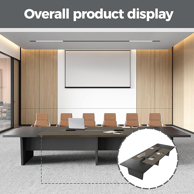 Modern Conference Table with Cable Management, Thickened Top & Trapezoidal Legs – Office Meeting Table for Executive Workspaces (Oak+Gray, 118" L