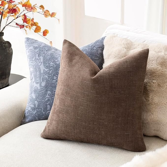 Foindtower Set of 2 Soft Textured Chenille Throw Decorative Pillow Covers Square Accent Solid Cushion Cover Cozy Neutral Farmhouse Pillow Case for Couch Sofa Bedroom Living Room 20x20 Inch, Chocolate