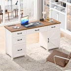 Farmhouse 61'' Executive Desk with 5 Drawers, Rustic Office Desk Computer Table with Charging Station, File Drawers and Storage Cabinet, Wood Workstation for Study and Home Office,(Unique White)