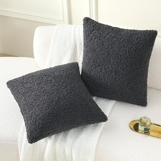 FUTEI Charcoal Throw Pillow Covers 20x20 Inch Set of 2,Furry Faux Fur Teddy Boucle Textured Cushion Covers,Soft Fluffy Decorative Pillow Case,Home Decor for Couch Bed Living Room Office Car