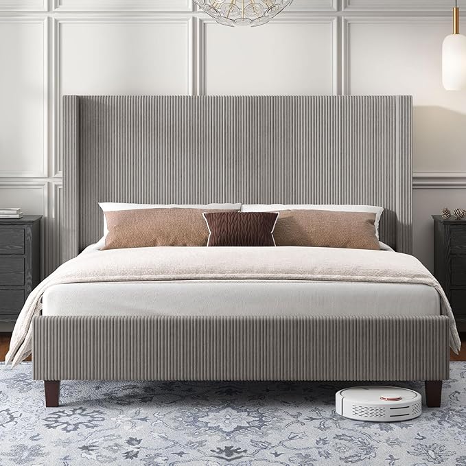 HOWE King Size Upholstered Platform Bed Frame, Wingback Bed with 50.8" Headboard, Corduroy/Solid Wood Leg/No Box Spring Needed/Noise Free/Taupe