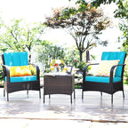COSTWAY 3 Pieces Patio Rattan Furniture Set, Outdoor Conversation Chair Set with Coffee Table & 2 Cushions for Backyard, Porch, Poolside, Lawn, Garden, Turquoise