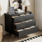 Black Dresser for Bedroom, Fluted Modern Dresser with Gold Pulls and 3 Drawers, 15.7" D x 31.5" W x 29.5" H