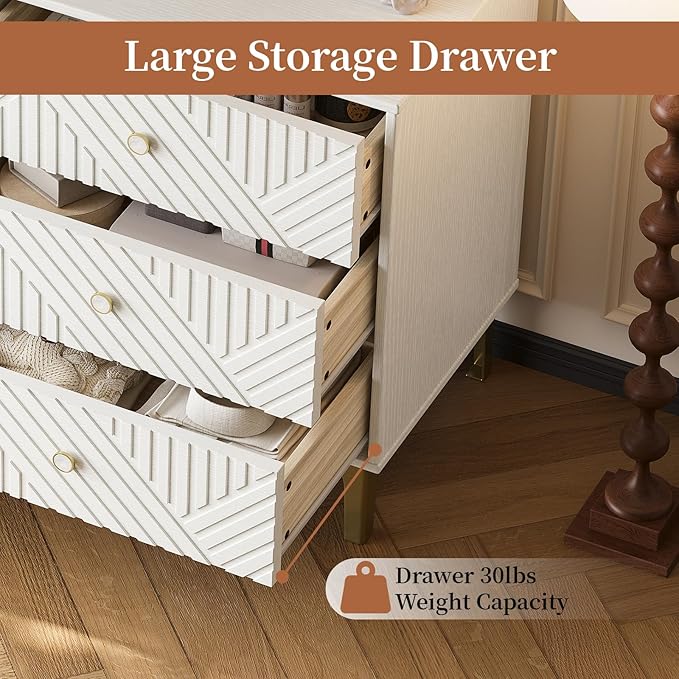 White Wood Dresser for Bedroom, 6 Drawers Dresser with Metal Handles & Embossed Woodgrain, 47" Wide Modern Chest of Drawers for Living Room, Hallway