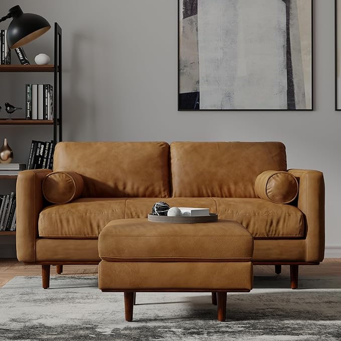 SIMPLIHOME Morrison 72-inch Wide Sofa in Sienna Top Grain Genuine Leather, Mid-Century Modern-Style Loveseat for Living Room, Single Bench Cushion, Removable Back Cushions, 2 Bolster Pillows