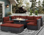 NICESOUL 9 Piece Extra Large Outdoor Patio Furniture Set with Firepit Table Natural Gas/Propane, 29.3'' High Back Gray Wicker Sectional Sofa, Deep Sitting Conversation,2 Color Cushion Burgundy & Gray