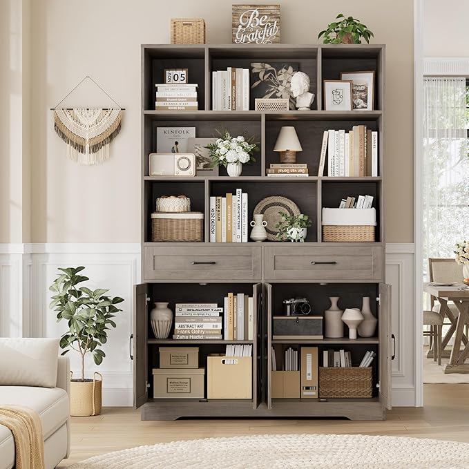 HOSTACK 71" Tall Bookcase with Drawers and Doors, 47" Wide Book Shelf and Bookcase with Storage, 6 Tier Large Book Storage Cabinet with 14" Deep Display Shelves for Living Room, Home Office, Ash Grey
