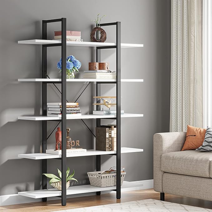 Tribesigns 5-Tier Bookshelf, Vintage Industrial Style Bookcase 72 H x 12 W x 47L Inches, White