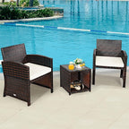 COSTWAY 3 Pieces Patio Furniture Sets, Outdoor Rattan Conversation Set with Tempered Glass Tabletop and Soft Cushion, Wicker Cushioned Chair Sofa for Backyard, Porch, Poolside, Lawn, White