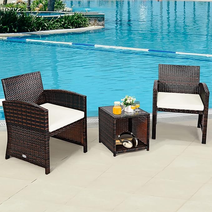 COSTWAY 3 Pieces Patio Furniture Sets, Outdoor Rattan Conversation Set with Tempered Glass Tabletop and Soft Cushion, Wicker Cushioned Chair Sofa for Backyard, Porch, Poolside, Lawn, White