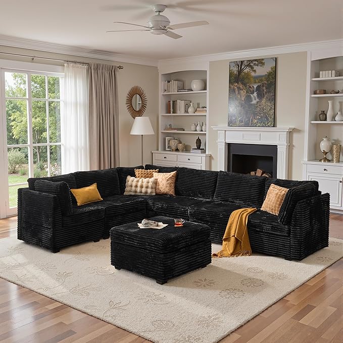 130'' Modern Modular Sectional Sofa with Ottoman, 7 Pieces L Shaped Cloud Couch for Living Room, Oversized Deep Seat Convertible Sofa Set, Plush Corduroy Black