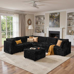 130'' Modern Modular Sectional Sofa with Ottoman, 7 Pieces L Shaped Cloud Couch for Living Room, Oversized Deep Seat Convertible Sofa Set, Plush Corduroy Black