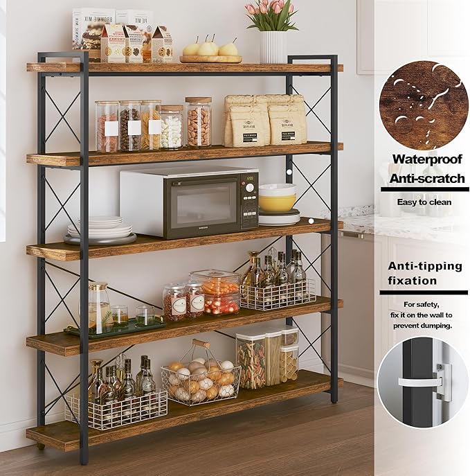 HCHQHS Large Bookshelf, 5-Tier Long Industrial Bookcase, Rustic Brown Book Shelf, Freestanding Horizontal Bookshelves with Metal Frame