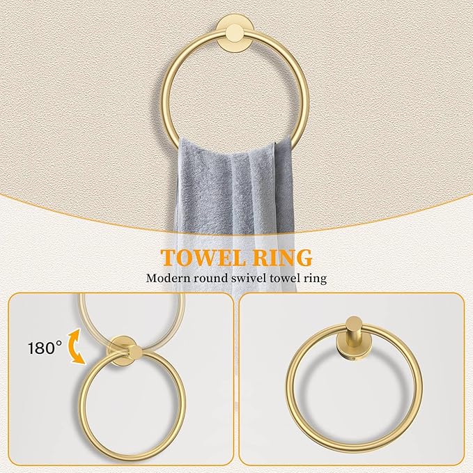 Brushed Gold Towel Bar Set 5 Pieces Round Bathroom Hardware Set Includes 23.6in Towel Bar Towel Ring Toilet Paper Holder Towel Hooks Stainless Steel Wall-Mounted Bathroom Towel Holder Set