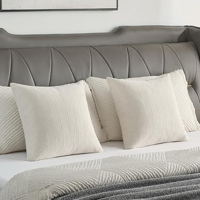 FUTEI Cream Chenille Throw Pillow Covers 12x20 Inch Set of 2,Soft Striped & Diamond Textured Lumbar Pillow Cases,Modern Home Decor for Couch Living Room