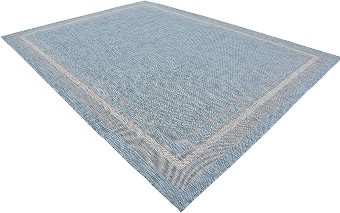 Unique Loom Outdoor Border Collection Area Rug - Soft Border (9'x 12' Rectangle, Aquamarine/ Ivory)