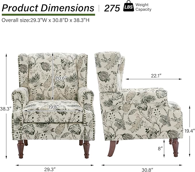 Accent Chair, Upholstered High Back Floral Armchair with Nailhead Trim & Wood Legs, Comfy Wingback Reading Single Sofa Chair for Small Spaces, Living Room, Bedroom ( Plants Beige Floral, Set of 1)