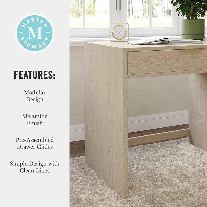 Martha Stewart Kayden Home Office Modular Desk with Drawer in Light Natural with Brushed Gold Hardware