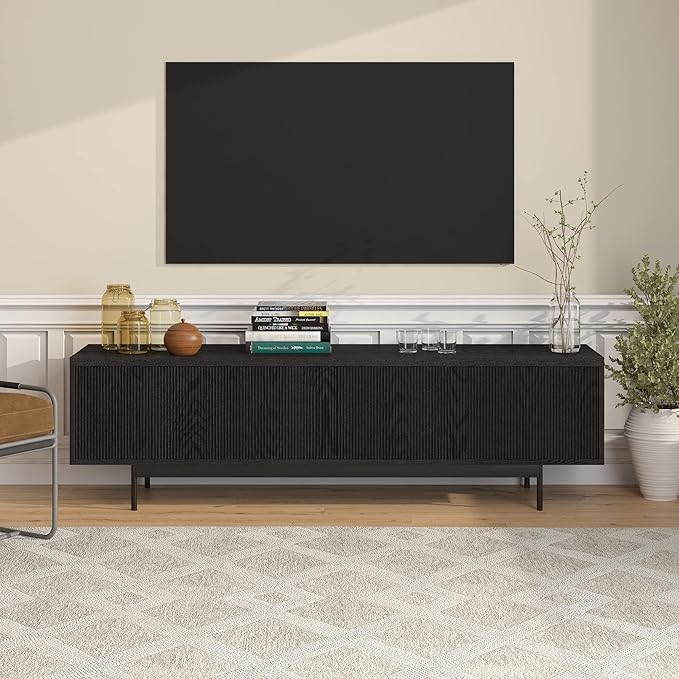 Henn&Hart Rectangular TV Stand for TV's up to 75" in Natural Black, for Home, Living Room, Bedroom, Entertainment Room, Office