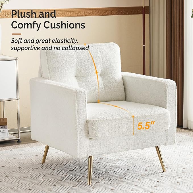 VINGLI Upholstered Living Room Chairs White Accent Chair Fluffy Teddy Fabric Mid Century Modern Sofa Chairs with Arms, Gold Legs for Reading, Bedroom, Waiting Room