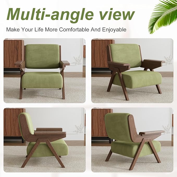 Mid Century Modern Accent Chair Set of 2, Fabric Upholstered Lounge Arm Chairs with Solid Wood Frame for Living Room, Bedroom, Office, Reading Corner (Green)