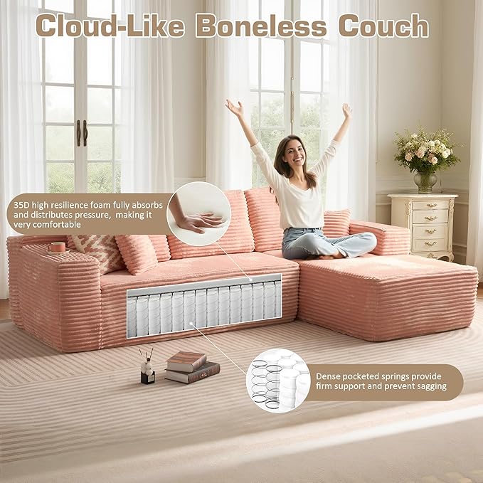 106" Cloud Sectional Couch with L-Shape Chaise, No Assembly Modular Sofa, Deep Seat Plush Corduroy Boneless Couched for Living Room (Pink Plush Corduroy, Right Facing Chaise)