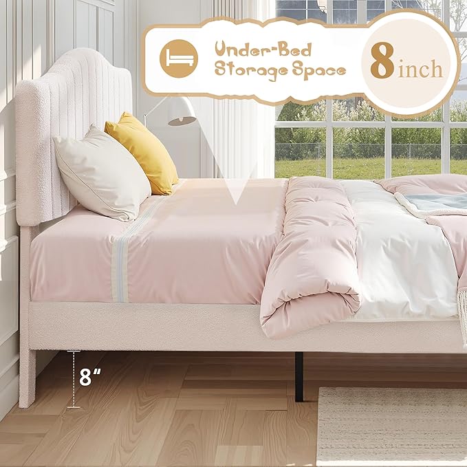 VECELO Twin Bed Frame Upholstered Platform Bed Frame with Height Adjustable Teddy Fabric Headboard, Strong Wood Slats Supports 7.9'' Under Bed Space Noise Free No Box Spring Needed, Beige
