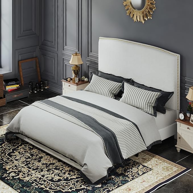 Full Size Bed Frame with Headboard, 56" Upholstered Platform Bed with Nailhead Trim, Soft Boucle Fabric, No Box Spring Needed, Easy Assembly, White