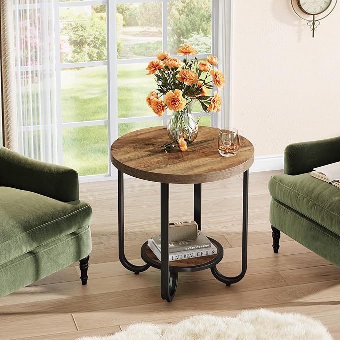 Tribesigns Round End Table with 2-Tier Storage Shelf, Industrial Side Table with Curved Metal Legs, Wood-Grain Accent Coffee Side Stand, Small Nightstand for Living Room, Bedroom, Office, Bathroom