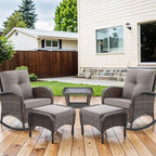 HUMMUH 5 Pieces Wicker Patio Furniture Set,Outdoor Rocker Chairs,Patio Ottomans,Glass Top Side Table,Outdoor Conversation Set for Porch Deck Backyard Poolside