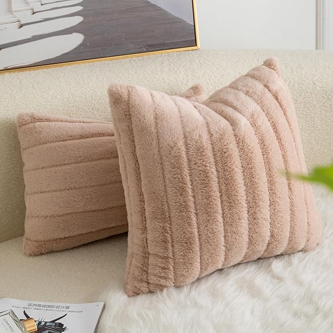 Pack of 2 Faux Fur Throw Pillow Covers 24x24 Inch Striped Decorative Soft Plush Couch Pillow Case Home Decor for Bed, Sofa, Living Room Beige