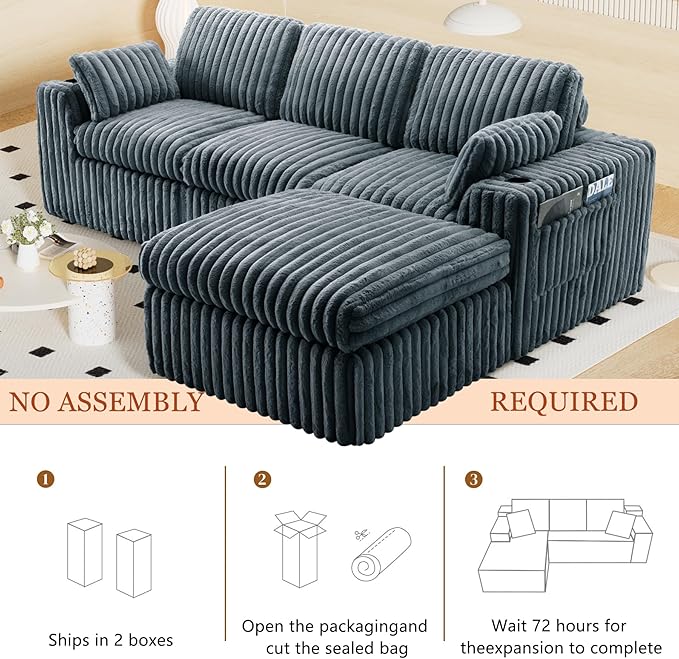 114" Cloud Boneless Sectional Couches for Living Room, Modular Sectional Sofa with Cup Holder, Cozy Fluffy L Shaped Deep Seat Boneless Couch with Storage Pocket, No Assembly Required, Grey