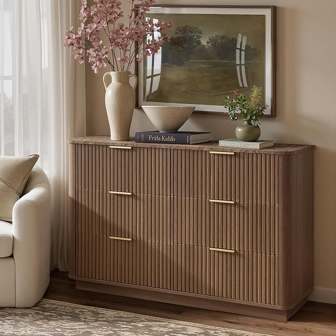 win2win 6 Drawer Dresser, Mid Century Modern Dresser with Storage, 47" Wide Fluted Chest of Drawers with Faux Marble Top, Dressers TV Stand, Drawers Organizer for Bedroom, Living Room, Hallway Walnut