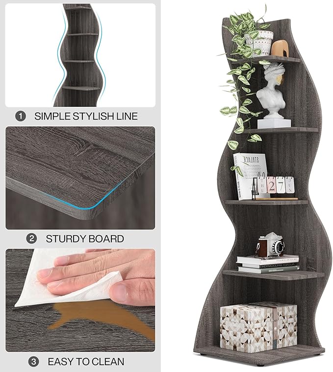 Tribesigns Corner Shelf, Modern 5-Tier Wall Corner Bookshelf, Stylish Corner Small Bookcase Storage Rack Plant Stand with Unique Shape for Living Room, Home Office