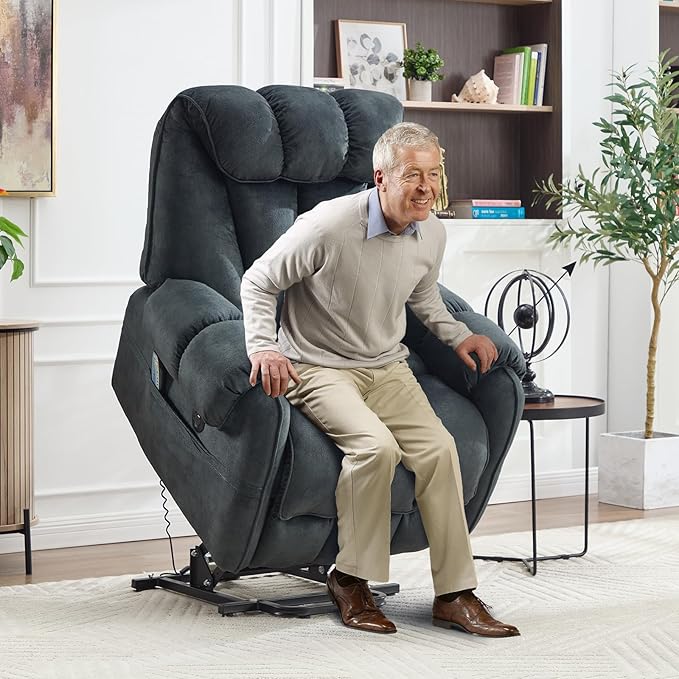 CANMOV Power Lift Recliner Chair for Elderly with Massage & Heat, Overstuffed Recliner Chairs for Adults, Electric Recliners with Type-C & USB Port, Side Pockets, for Living Room, Grey