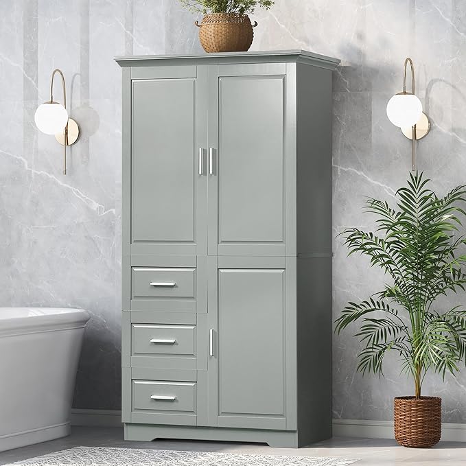 P PURLOVE Bathroom Storage Cabinet with 3 Drawers,Tall and Wide Bathroom Cabinet Standing,Wood Freestanding Tall Bathroom Cabinet for Kitchen,Living Room