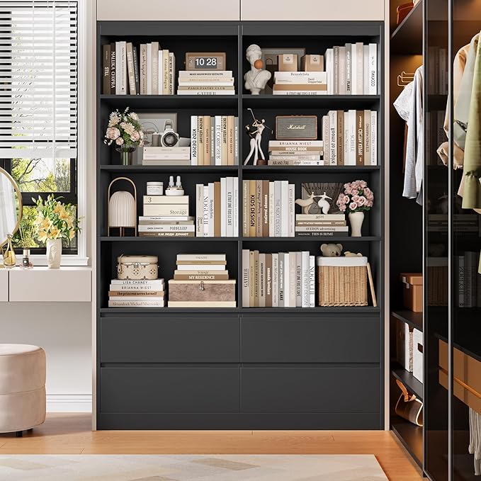 FINETONES 71" Black Bookshelf with Drawers, 47.3" Double Wide Bookshelves and Bookcases with Storage, Tall Bookshelf Large Open Book Shelf Standing Book Case for Home Office, Black