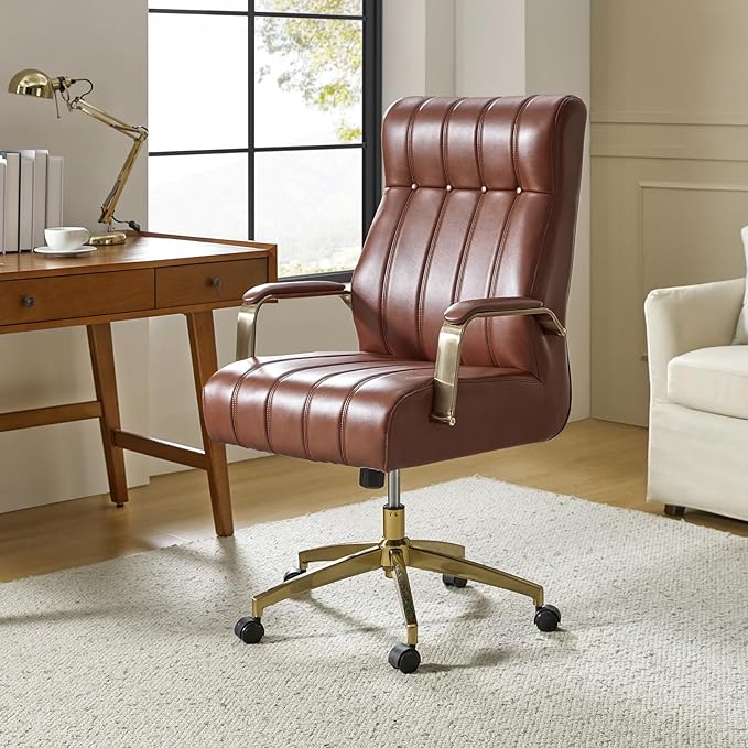 HULALA HOME Modern Executive Office Chair, Faux Leather Tufted Ergonomic Desk Chair with Gold Plated Base & Armrests, 360° Swivel Adjustable Height Tilt Home Office Chair for Work/Study