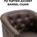 Pia Ricco Faux Leather Barrel Accent Chair, Comfy Club Armchair with Solid Wood Legs, Upholstered Single Sofa Chair for Living Room Bedroom/Reading Room, Chocolate