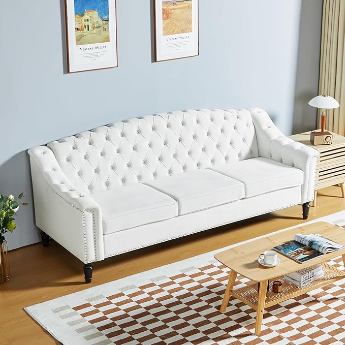 LEVNARY Mid-Century Modern Velvet Sofa, 80" Large Upholstered Sofa with High Back, Chesterfield Couch Sleeper Settee with Solid Wood Legs, Tufted 3 Seater Wide Couches for Living Room Office (White)